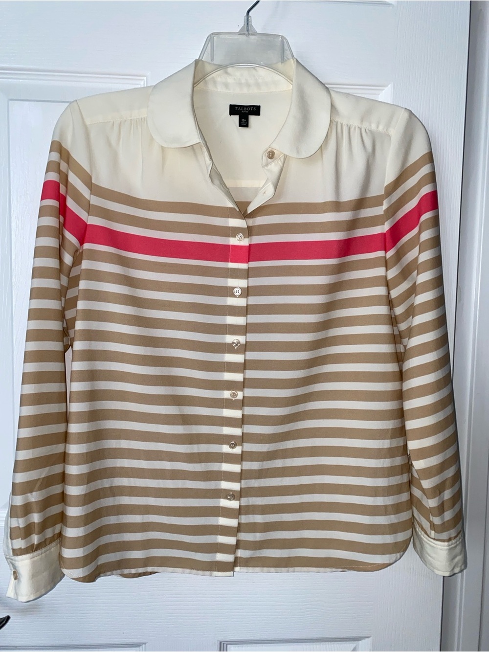 Talbots Beige Striped Button-Down Lightweight Blouse with Pink Accent